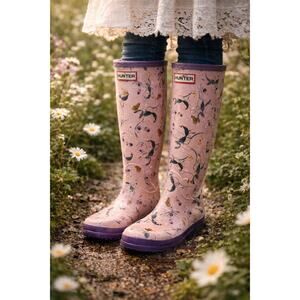 Hunter Wellington Floral Butterfly Rain Boots Purple Sz 7F Cottagecore Whimsical